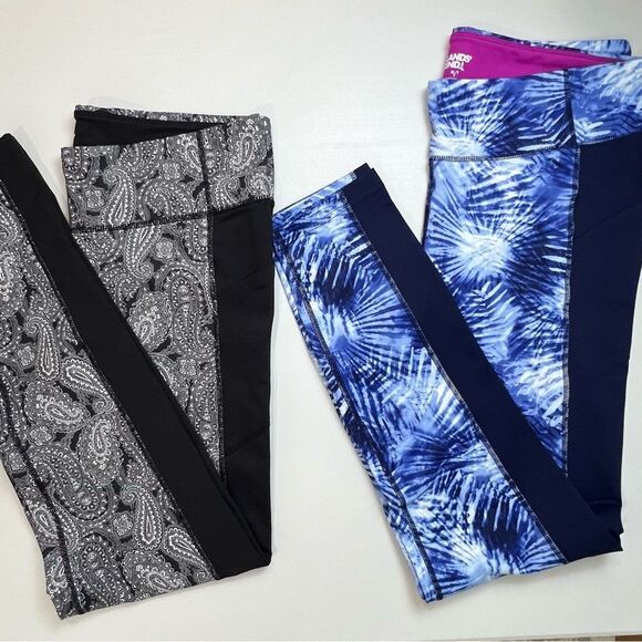 Lot Of 2 Lands End Active Compression Leggings Navy Palm & Paisley XLT XL TALL - Picture 1 of 13